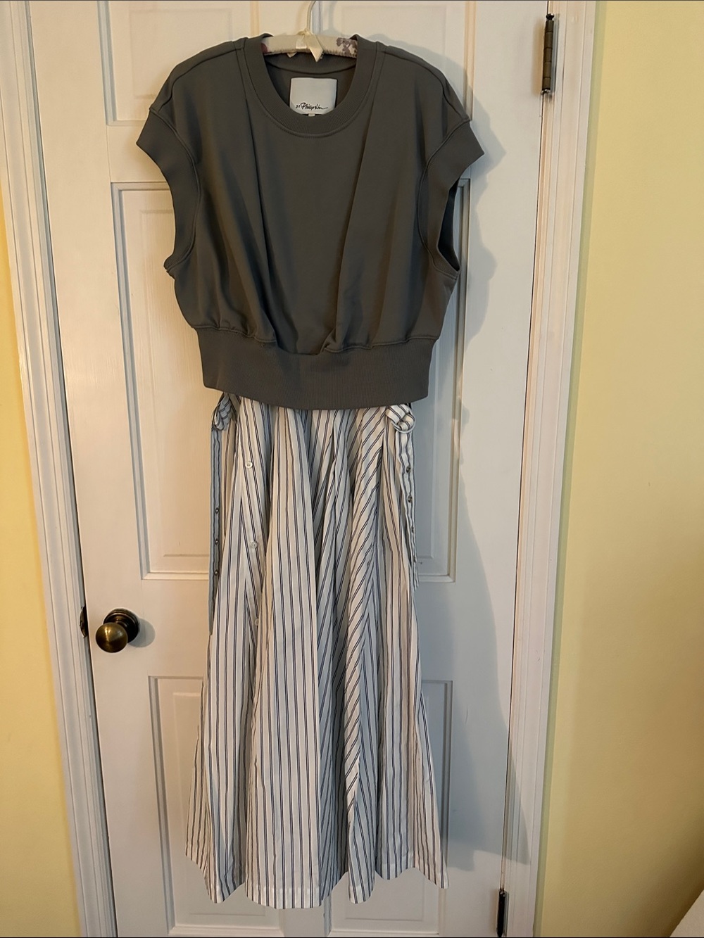 3.1 Phillip Lim Gray Cropped Sweat Top with White and Blue Striped Midi Skirt